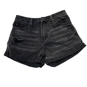 KanCan Women’s High Rise Black Washed Distressed Denim Jean Shorts Sz M GUC